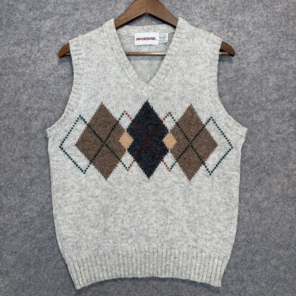 Vintage McGregor Wool Blend Sweater Vest Mens Medium Argyle Diamond Gray USA 90s